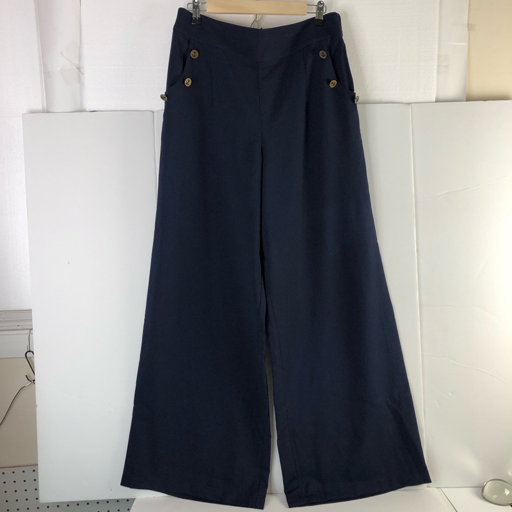ModCloth Women Pants Cambridge Wide Leg High Rise Trousers Sz L Navy Academia - Picture 6 of 9